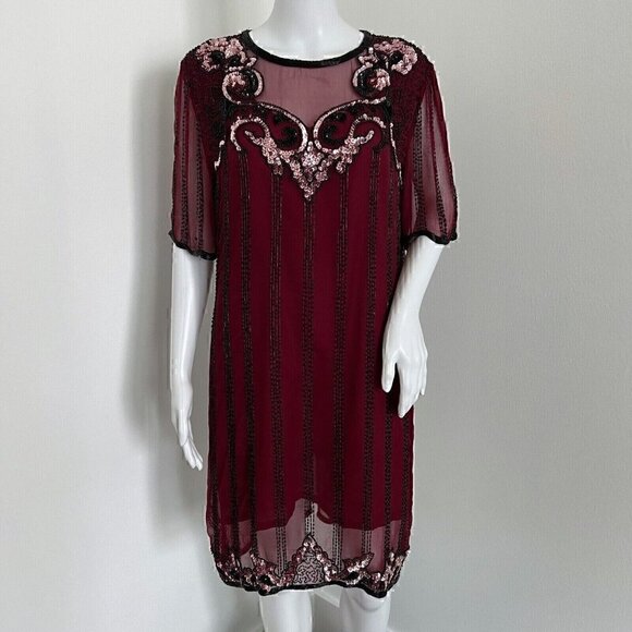Vintage 90s Jennifer by KVM Party Dress Size M Cranberry Sequin Embroidered Silk - Picture 1 of 16